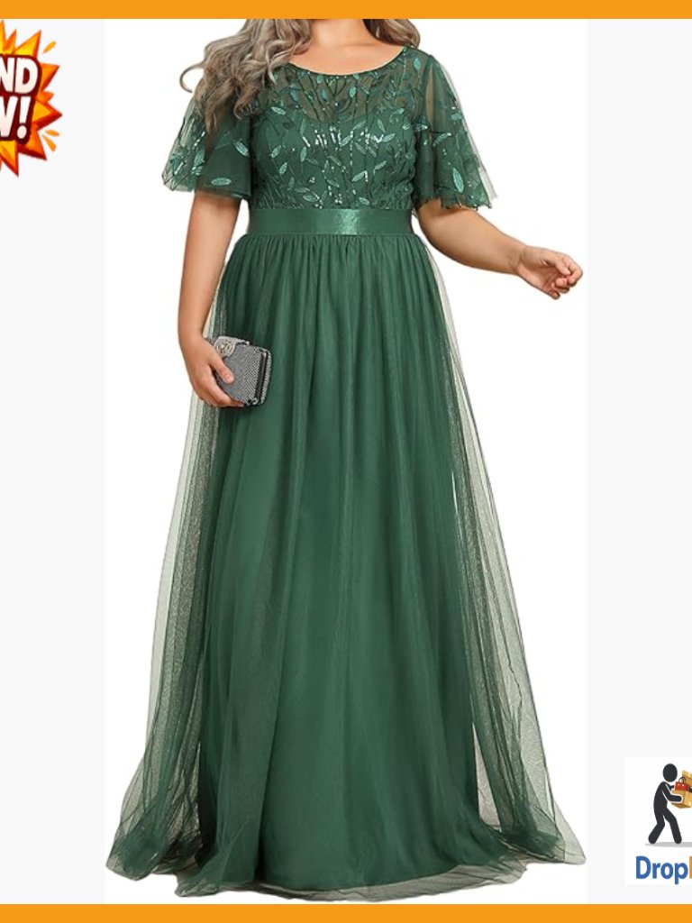 Sequin Formal Evening Gown A-Line Ruffle Sleeves Floor Length Elegant Plus Size